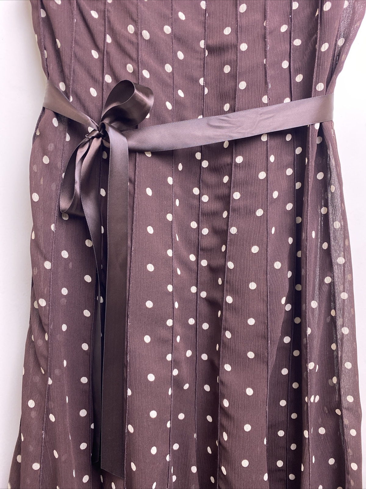 Brown White Polka Dot Sheer Lined Sleeveless Ruffle Dress Sz 12 Pretty Woman