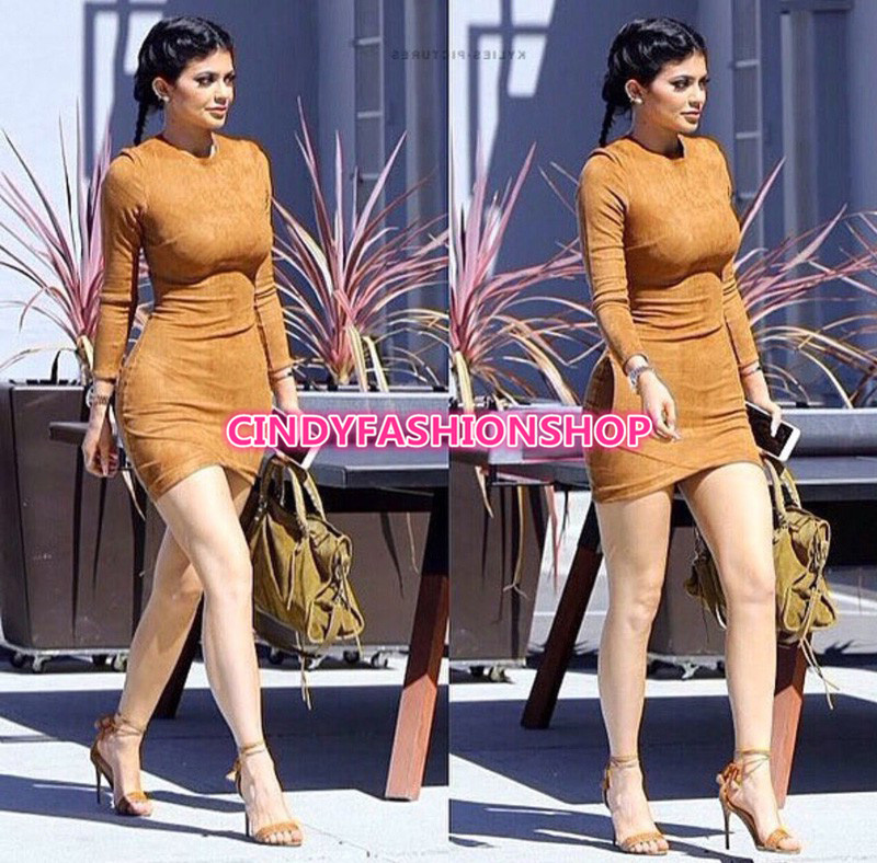 Women Sexy Party Club Synthetic Leather Suede Sleeve Bodycon Bandage Dress