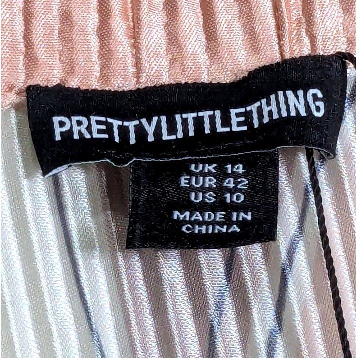 PrettyLittleThing Stone Abstract Print Plisse Frill Hem Shirt Dress US 10 NWT