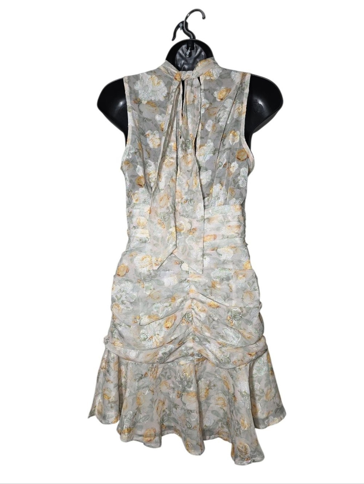 Mika & Gala Floral Burnout Jacquard Mini Dress Ruched High Neck Bow Back 8