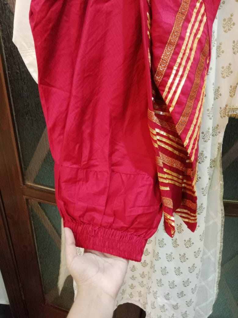 Junaid Jamshed Ivory Cotton Kurta with Maroon Churidar Pajama and Chiffon Dupata