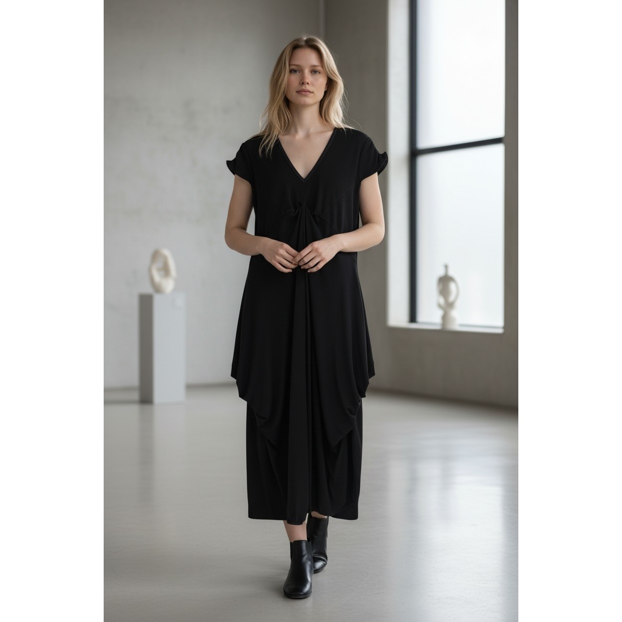 Gershon Bram Lagen Draped Midi Dress M Black Avant Garde Architectural Designer