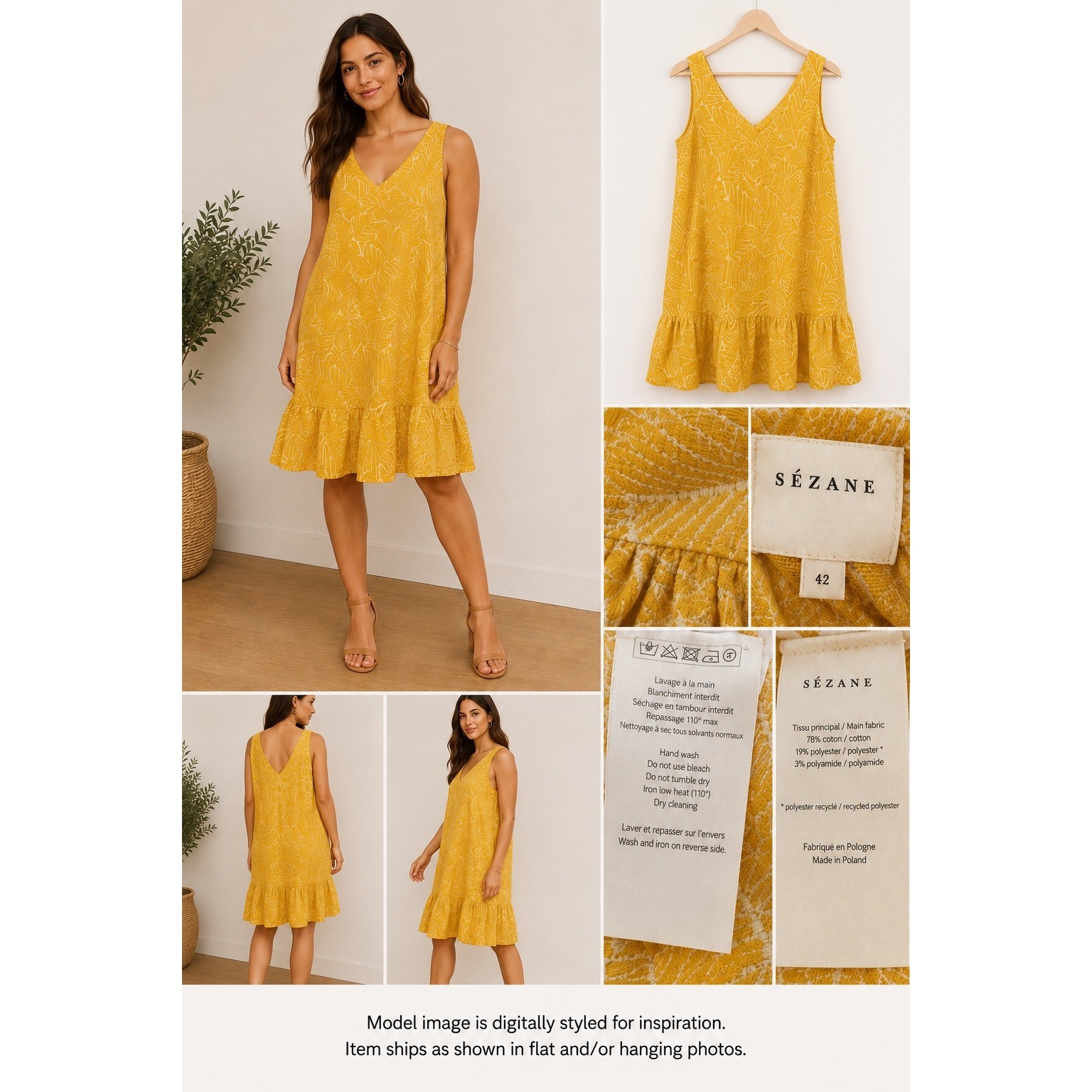 Sézane Mustard Yellow Textured Leaf Ruffle Hem Dress FR 42 US 10 XL 201ROB063