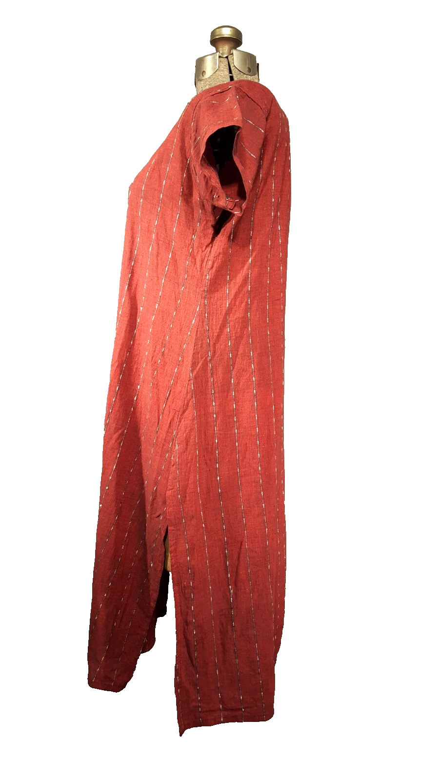 Maxi Dress Short Sleeve Black Gold Red Stripes Size 44 V Neck Gold trim