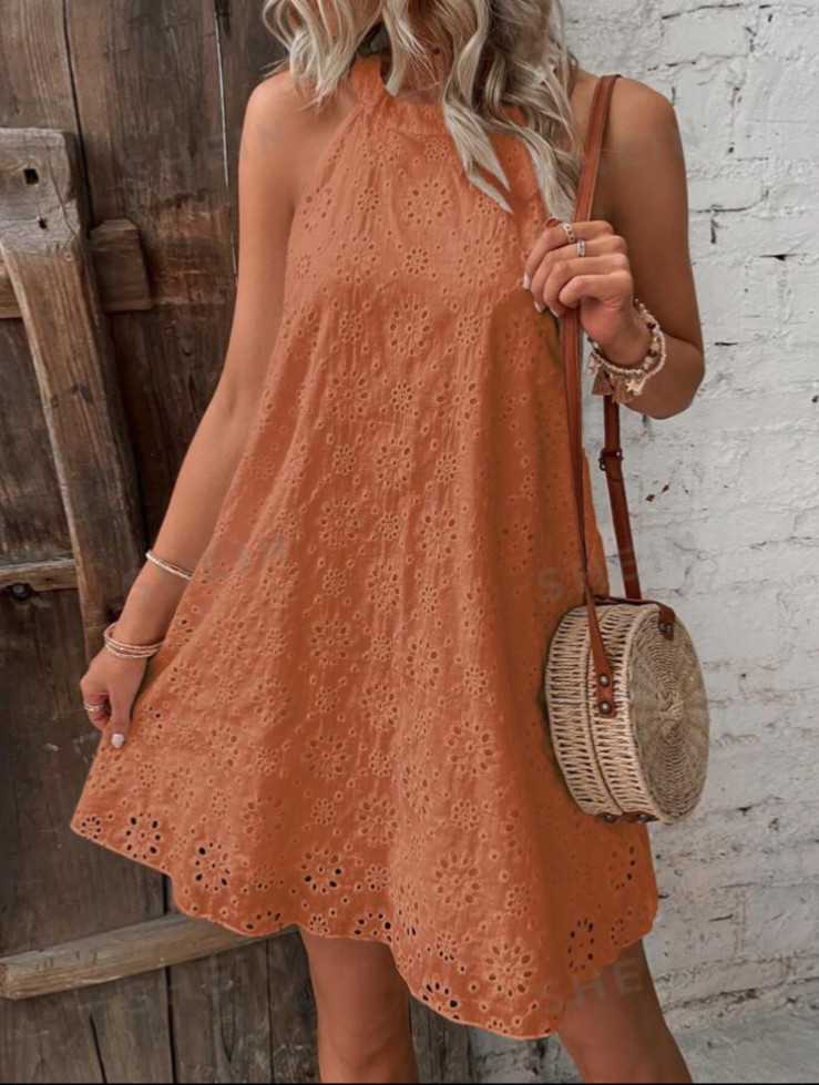 SHEIN VCAY Solid Eyelet Embroidery u Keyhole Back Halter Neck Dress Large