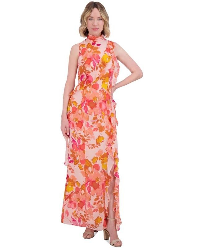 Eliza J Printed Ruffle-Trims Chiffon Dress Women’s 8 Blush Multi Zip/Button