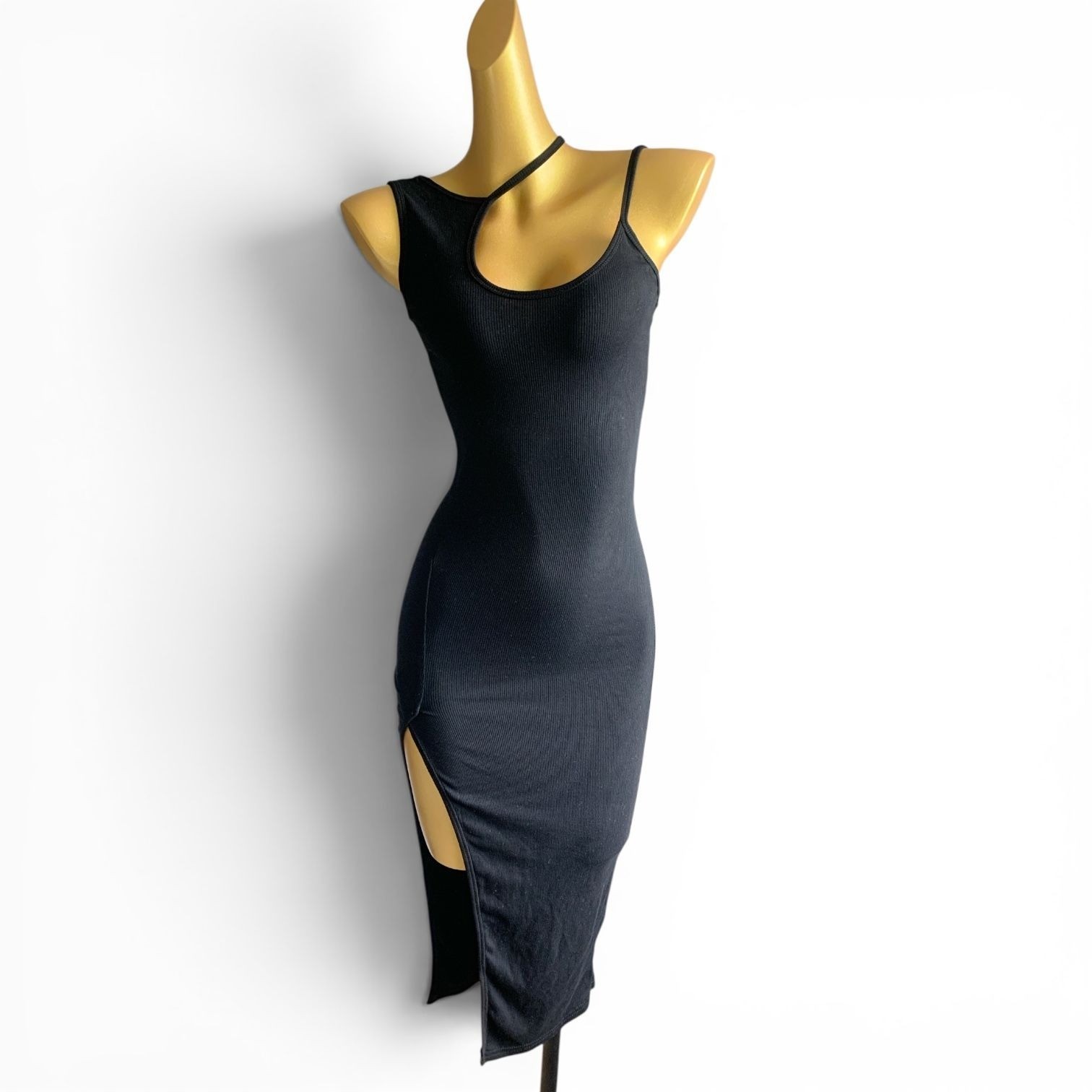 Black Ribbed Asymmetrical Bodycon Midi Dress Side Slit S