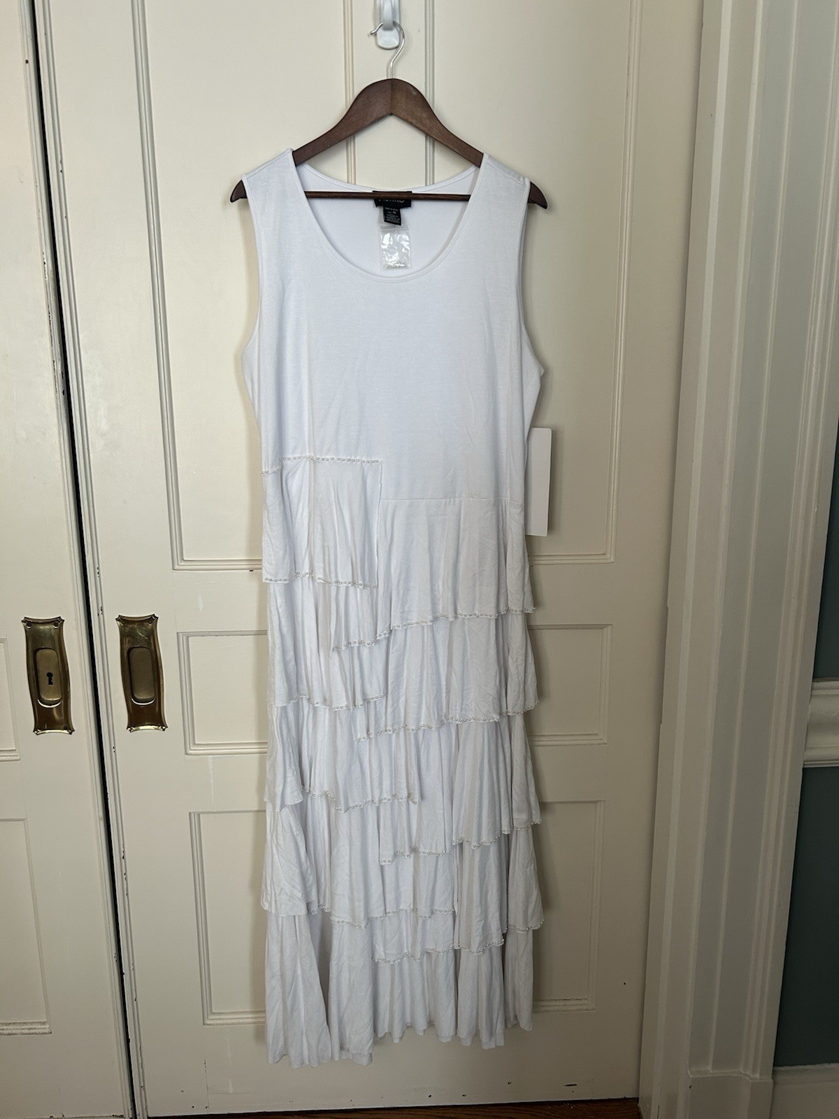 Ashro Beaded Tiered Maxi Dress Womens Size 1X White Classic Boho Neutral NWT