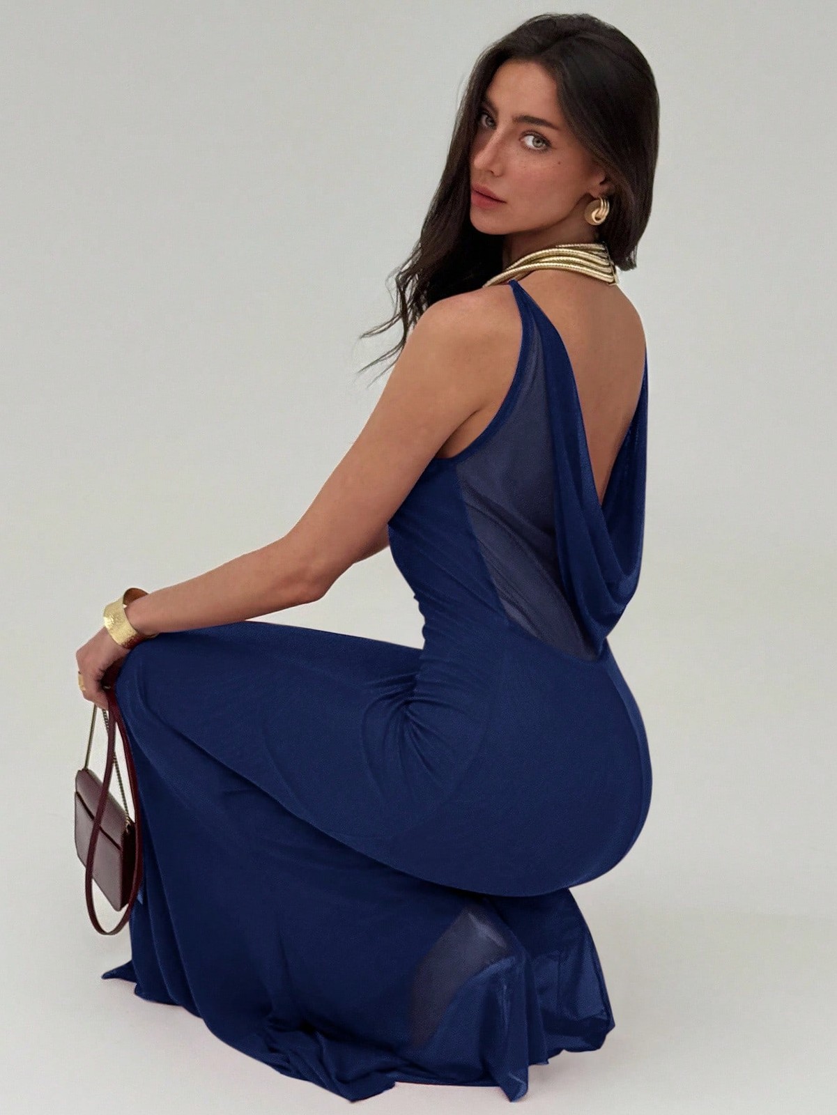 Women Elegant Pleated Plunging V Neck Maxi Dress