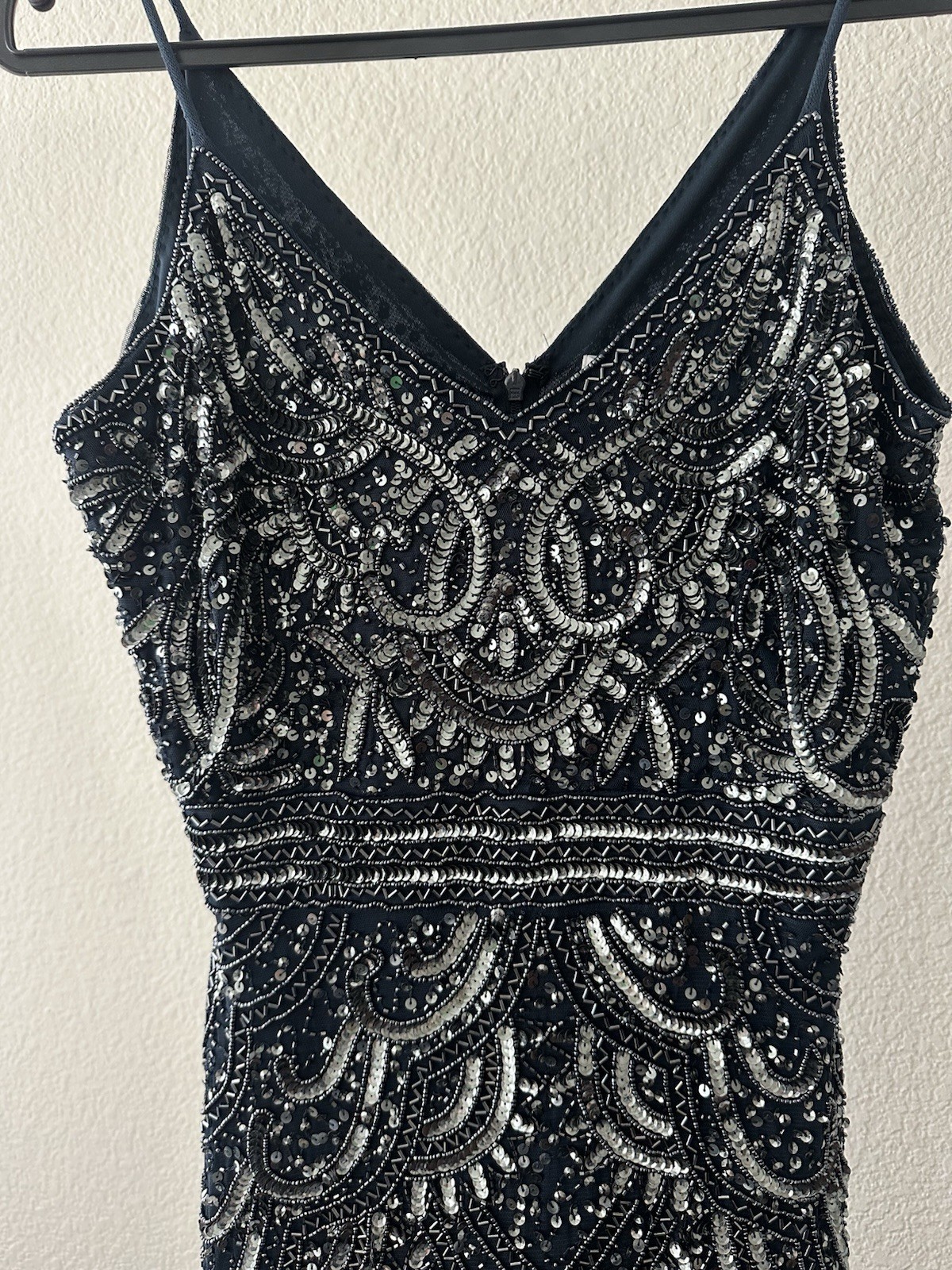 BEAUUT Navy Silver Beaded Sequin Art Deco Sheath Dress NWT V-Neck Long Size 8