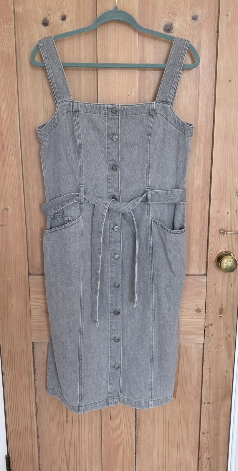 Size 14 White Stuff Farrow Grey Denim Dress Buttons Pockets Belt 109% cotton
