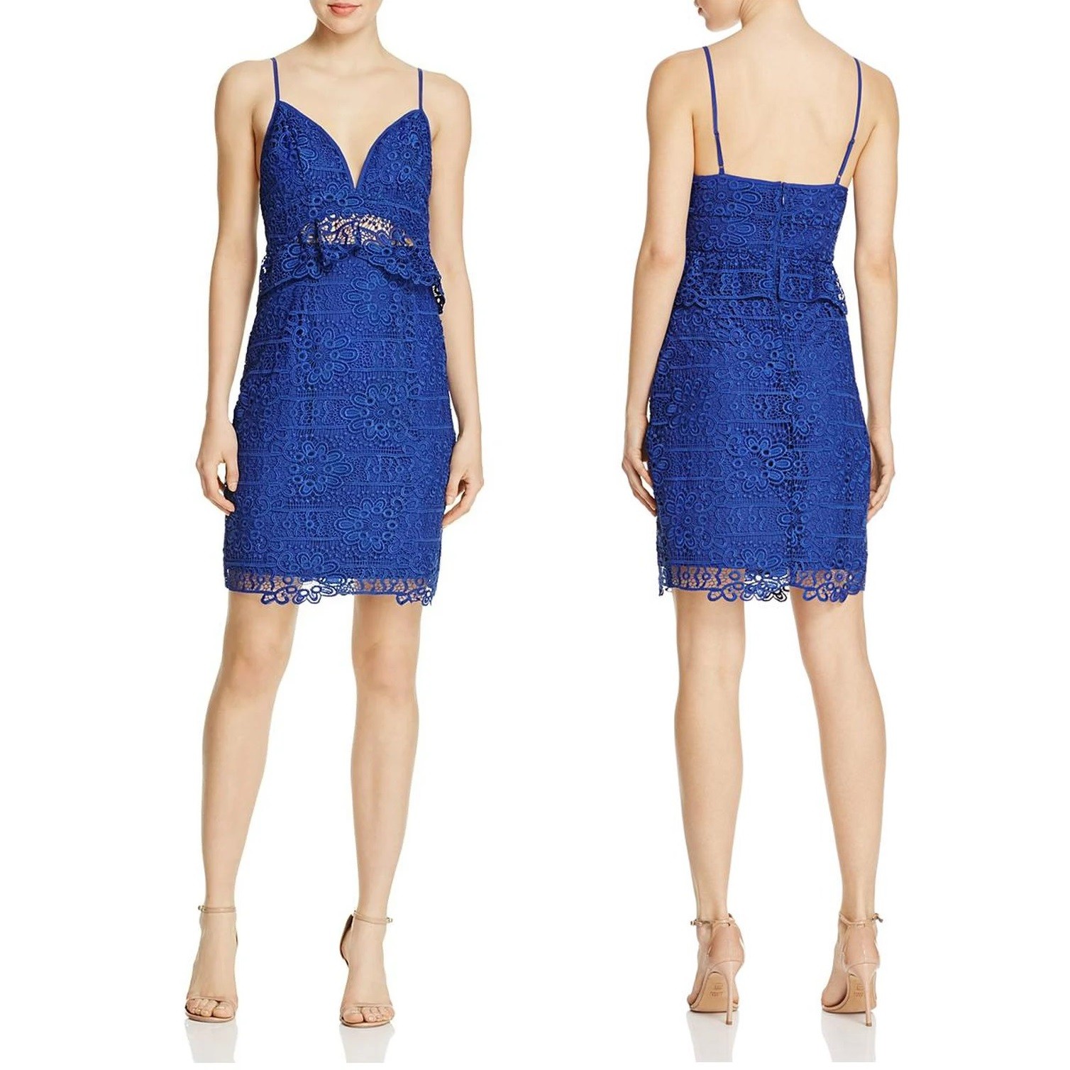 GUESS Solstice Lace V-Neck Spaghetti Strap Peplum Bodycon Mini Dress, 2 Blue
