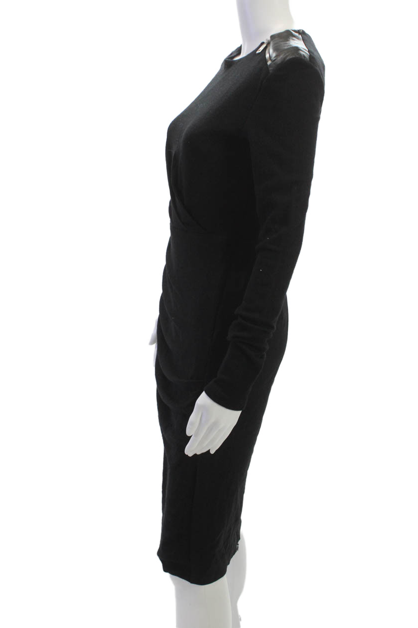 Sportmax Women Bodycon Sheath Long Sleeve Black Wool Dress Crew Neck Size S