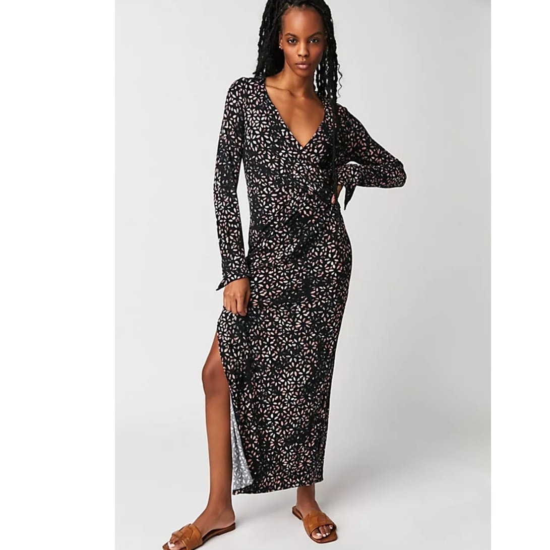 New Free People Shayla Wrap Midi Dress $128 X-SMALL Black Combo