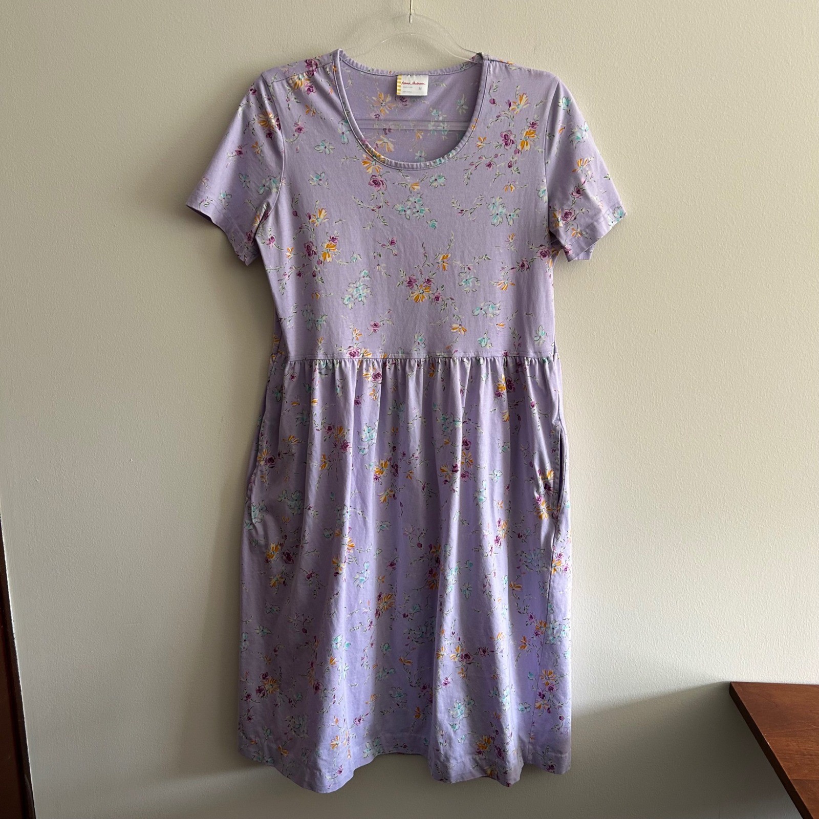 Hanna Andersson Floral Knit Midi Dress Purple Size M Short Sleeve Cotton Pockets