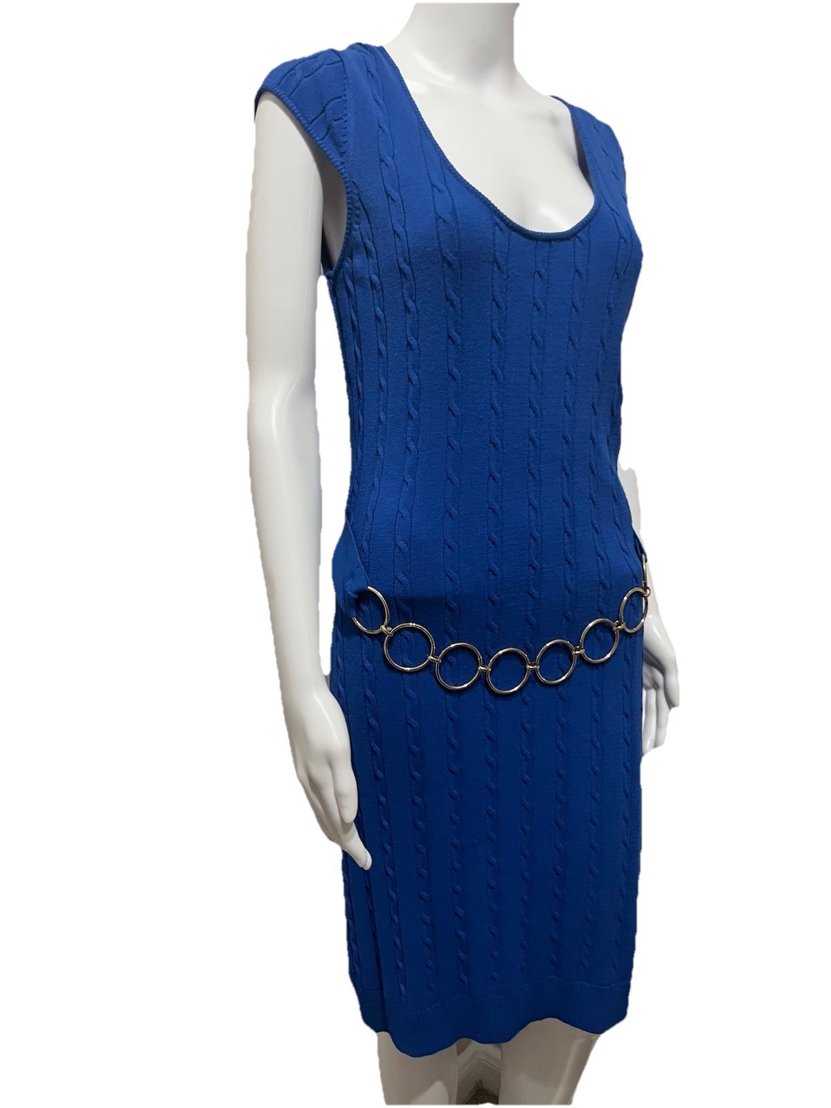 Milly Size L Royal Blue Knit Dress Scoop Neck Gold Tone Chain Belt Bodycon Y2K