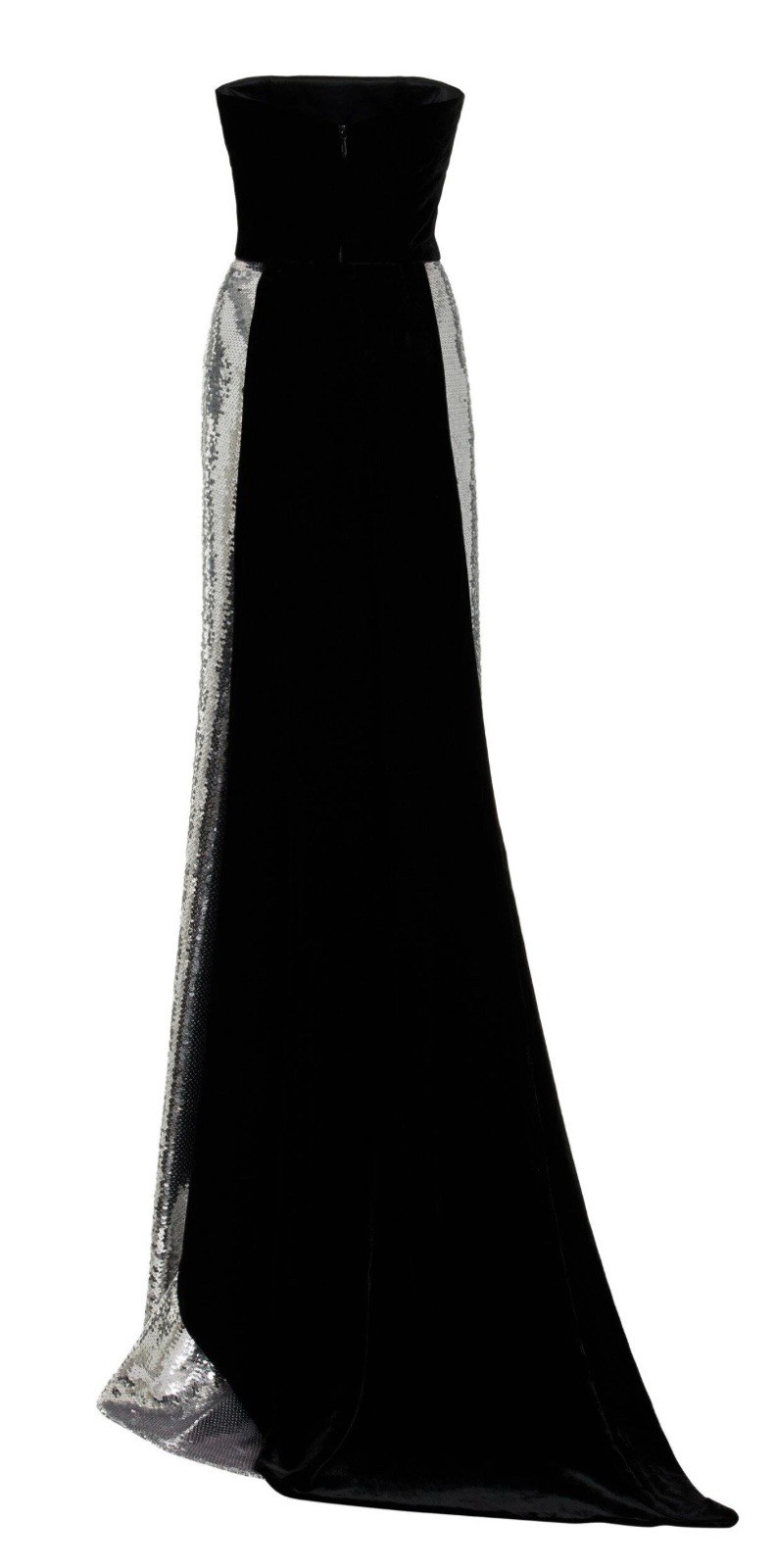 Monique Lhuillier Strapless Sequin Silver & Black Velvet Gown Worn Once Size 4