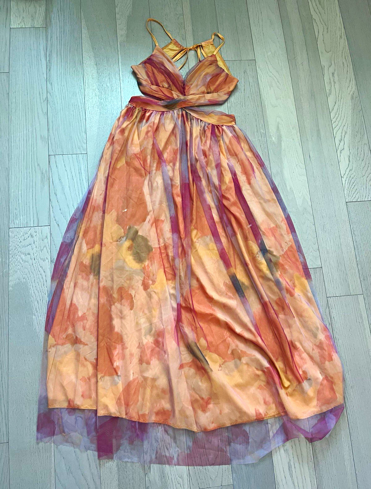 Women’s Floral V-Neck Spaghetti Strap Tulle Overlay Lined Midi Dress L
