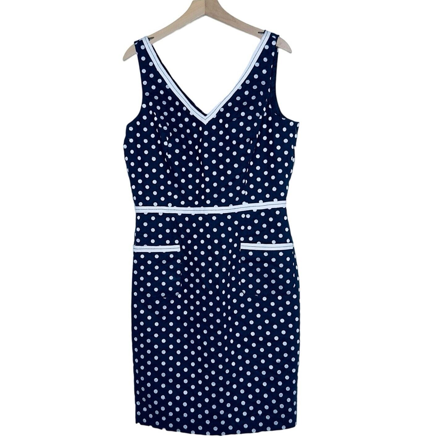 Muse Polka Dot Sheath Dress 14 Navy Blue V-Neck Sleeveless Pockets Retro Slit