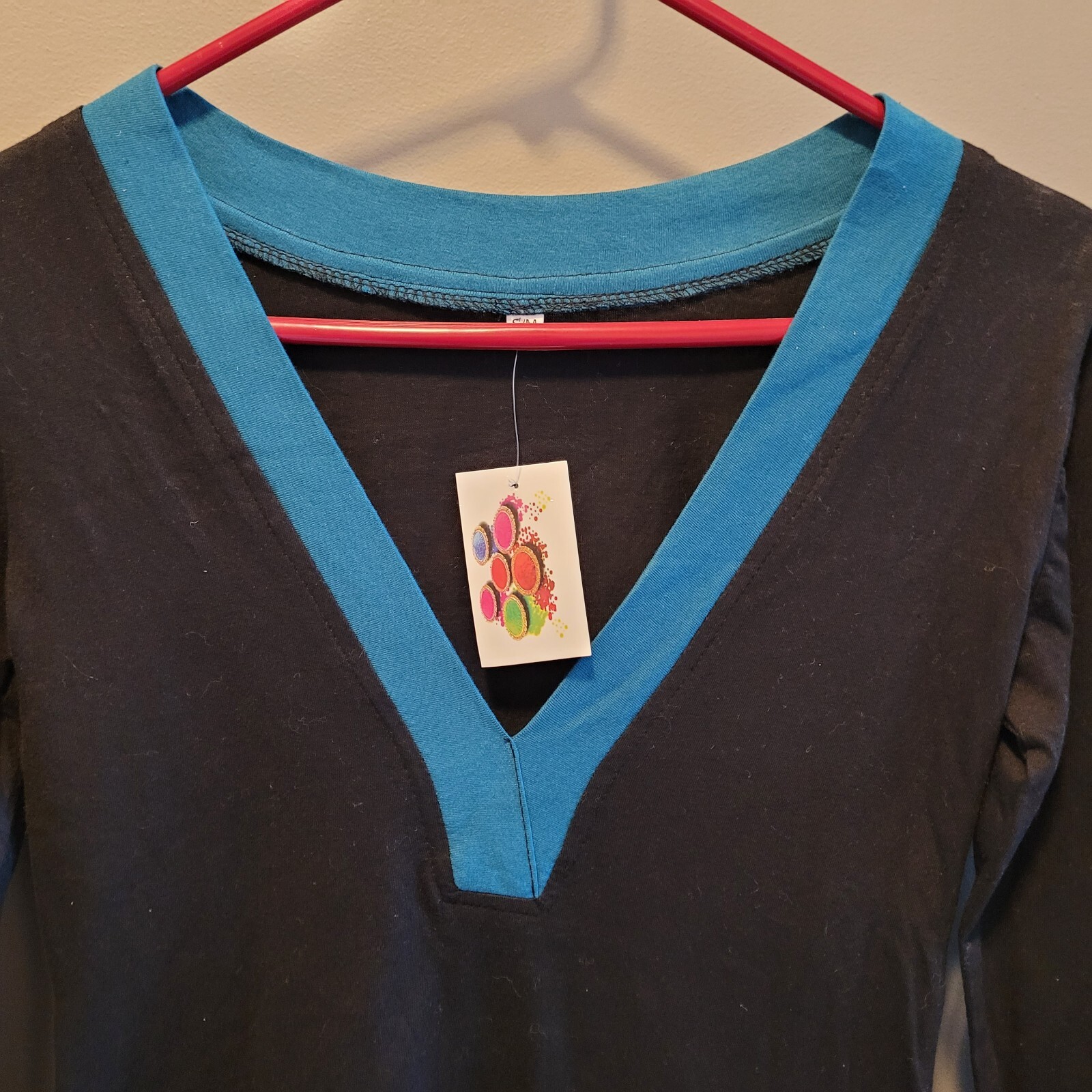 Nepal Dress with Applique Design Black Long Sleeve Dress Aqua Trim Size S/M