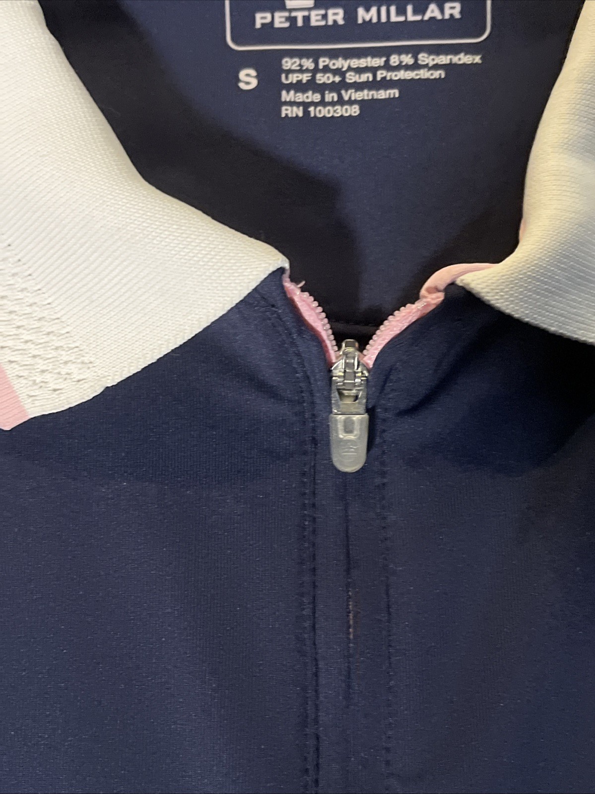 NWT Peter Millar Polo Dress 1/4 Zip Small Navy Blue-White Pink Trim Golf Tennis