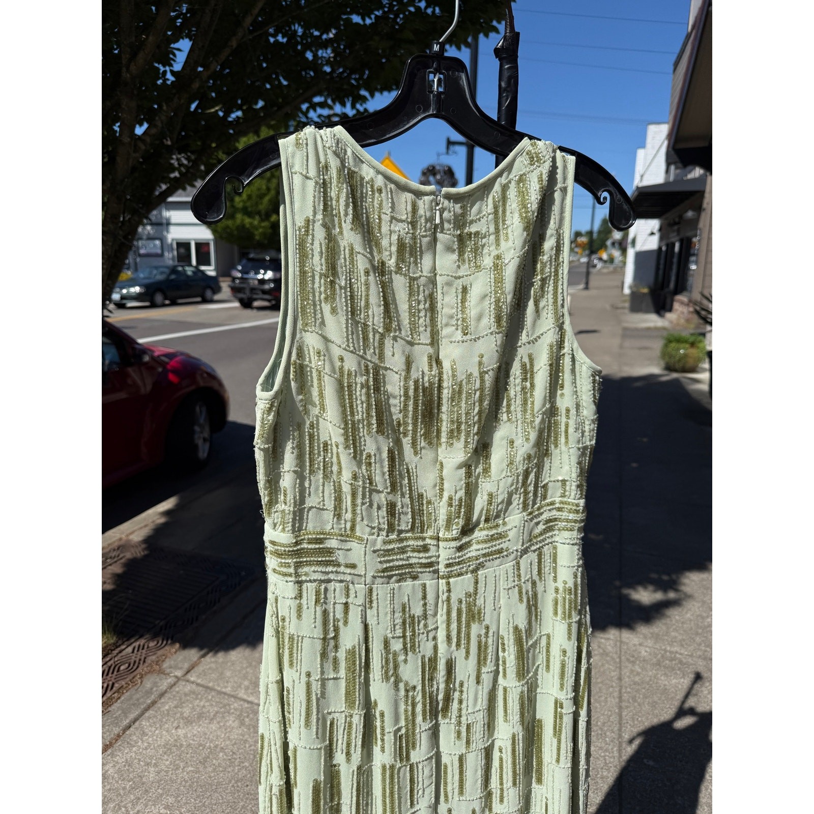 Mac Duggal Abstract Beaded Sequin 70264 Sage Sheath Sleeveless Midi Dress Sz. 8