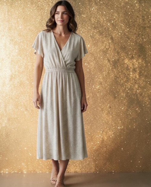 Sienna Sky Dress wht w/gold dots sz M Sheer bottom Midi. Lined. Empire waist