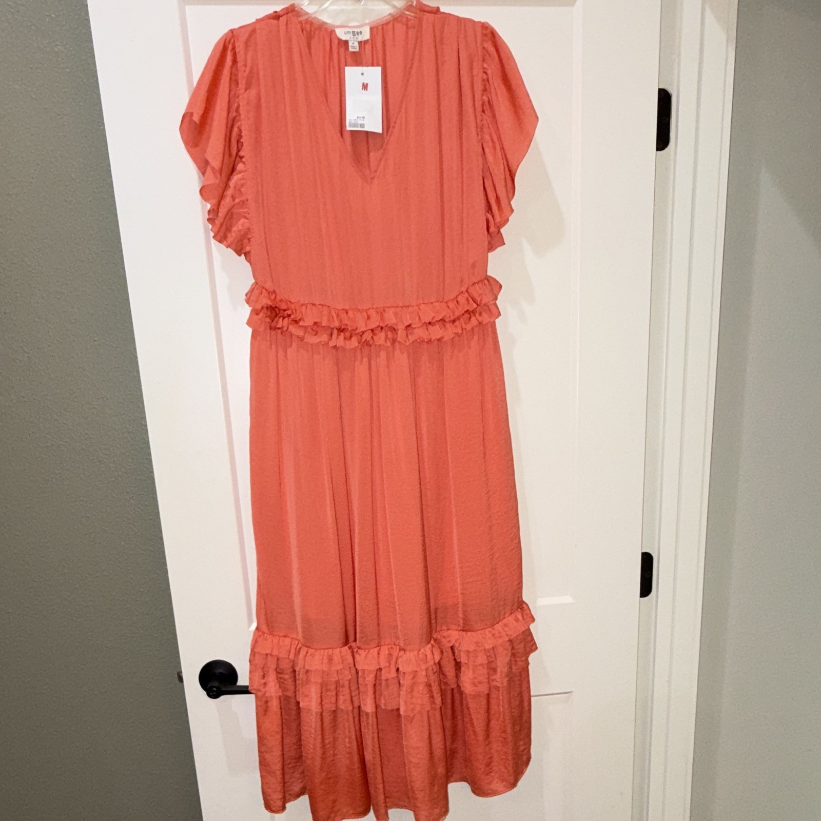 NWT- Umgee USA Orange Solid Midi Maxi Dress Short Flutter Sleeve Ruffle V-Neck M