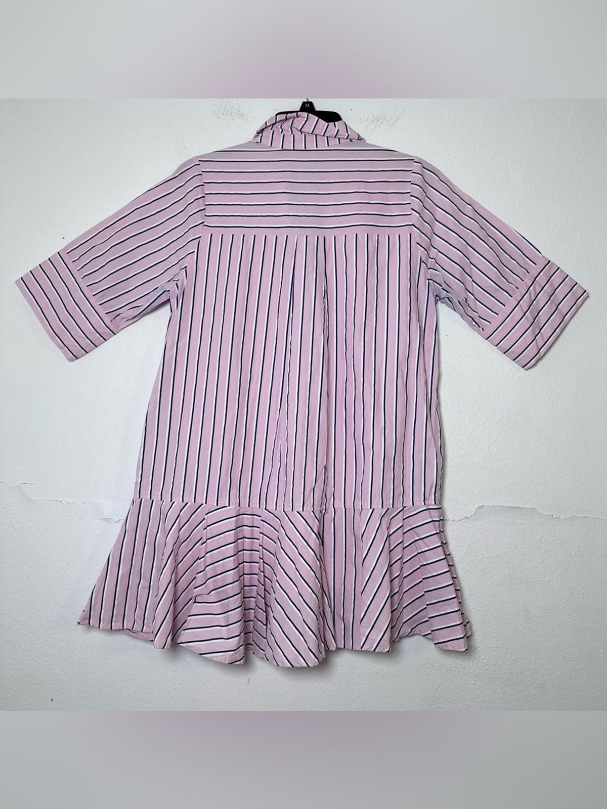 Entro Pink White and Navy Parker Striped Ruffle-Hem Mini Shirt Dress Size S