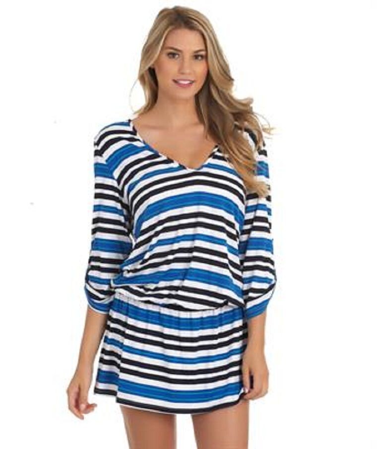NAUTICA WHITE BLUE STRIPES RAYON BEACH DRESS SIZE M