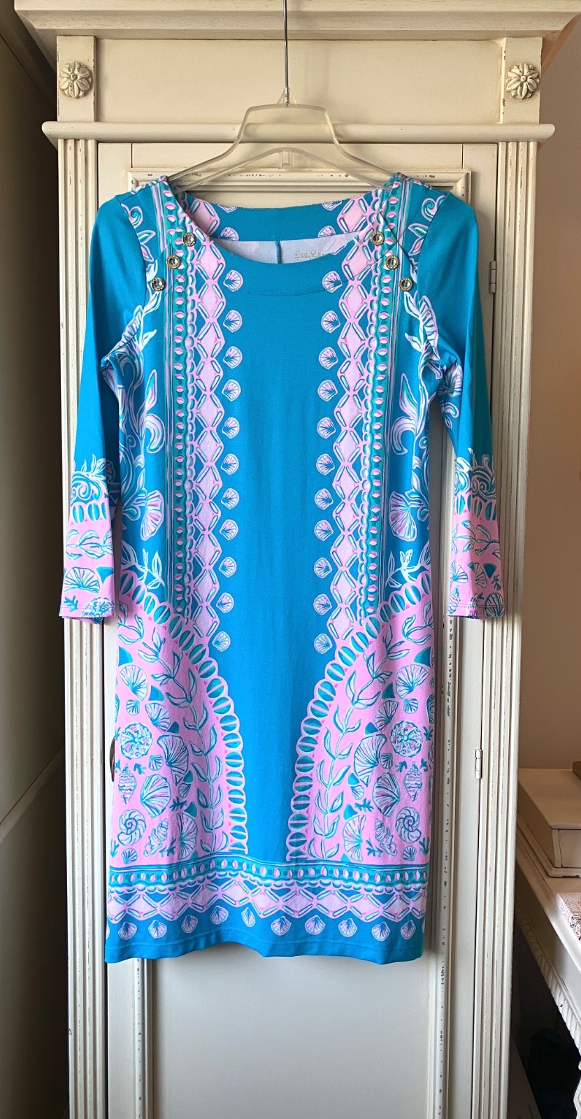 Lilly Pulitzer Tana Turquoise/Pink Shell Print UPF Stretch T Shirt Dress XS NWOT