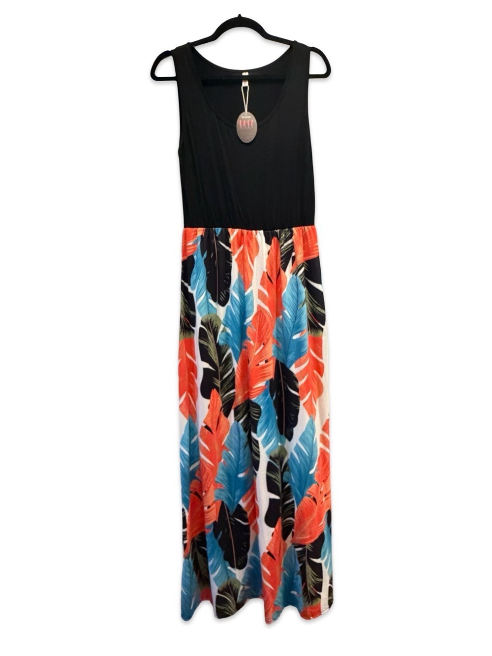 NWT Colorful Tropical Leaf Print Sleeveless Maxi Dress Women’s Size L Resort
