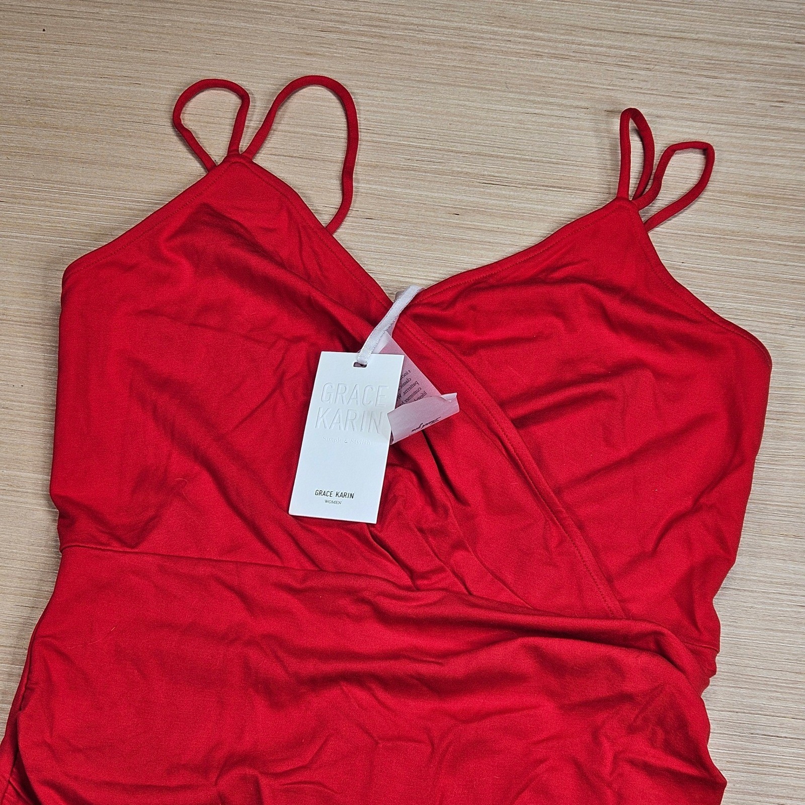 Grace Karin Dress Women M Red Ruched Bodycon Wrap V-Neck Cocktail Party NEW
