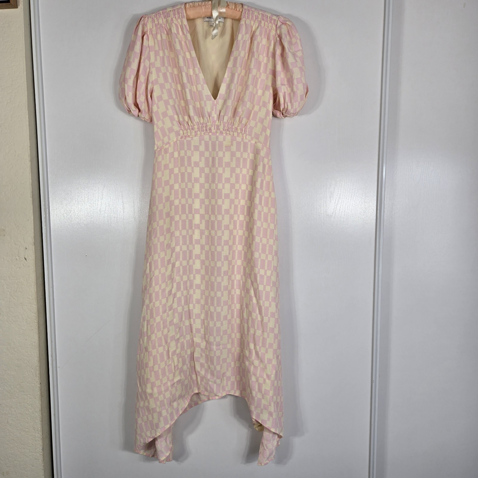 Club Monaco Pink and Cream Check Puff Sleeve Midi Dress Woamans 00 Coquet Style