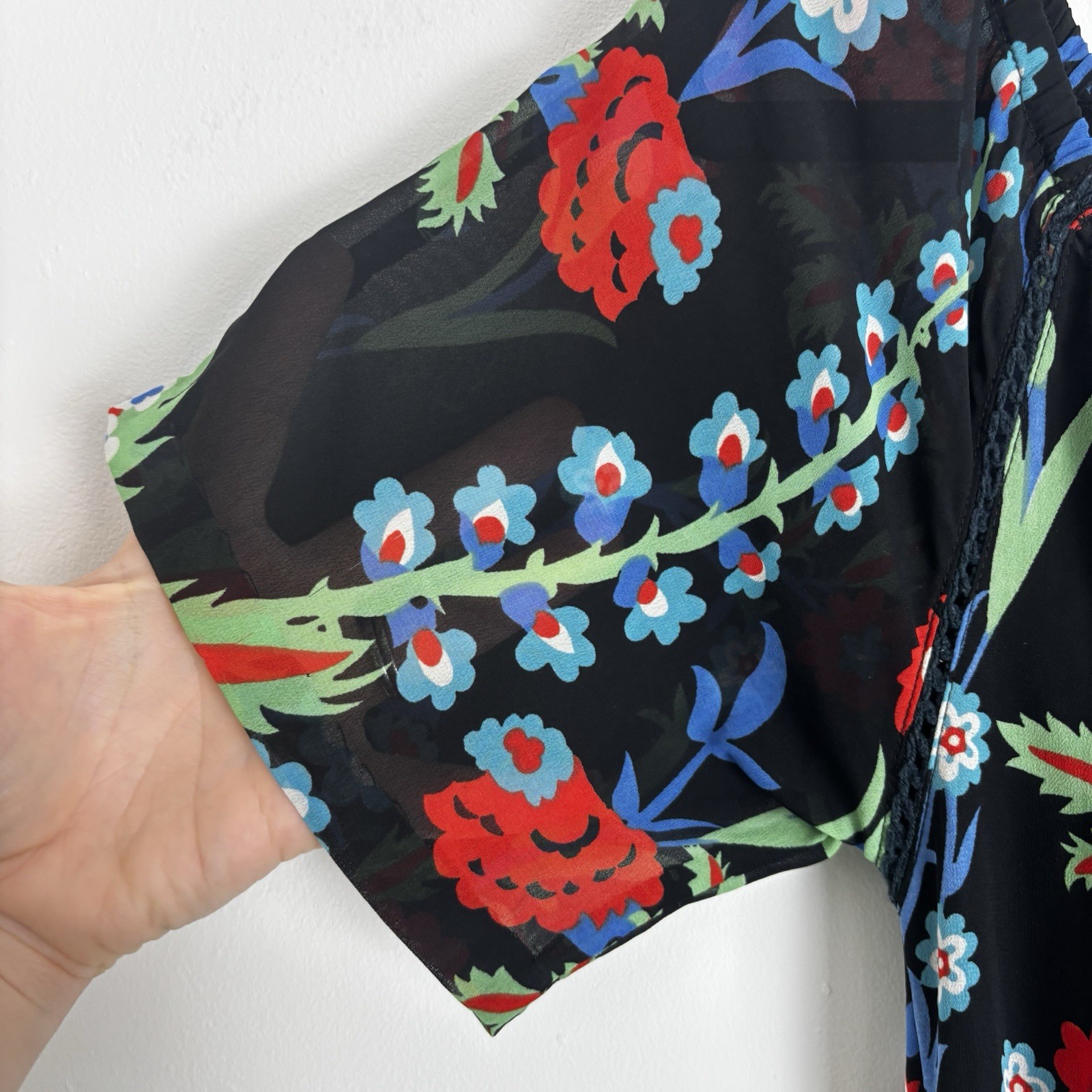 Anthology Black Floral Midi Dress Boho Western Size 10 Tassle Neck Sheer