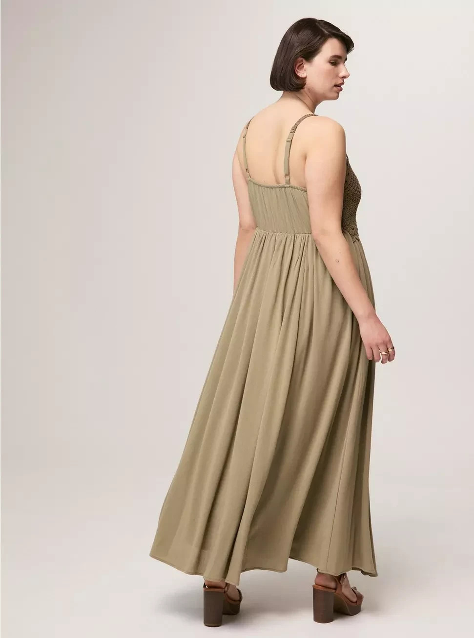 Torrid Plus 2X Festi Crochet Bodice Maxi Dress Sleeveless Pockets Olive Boho NWT