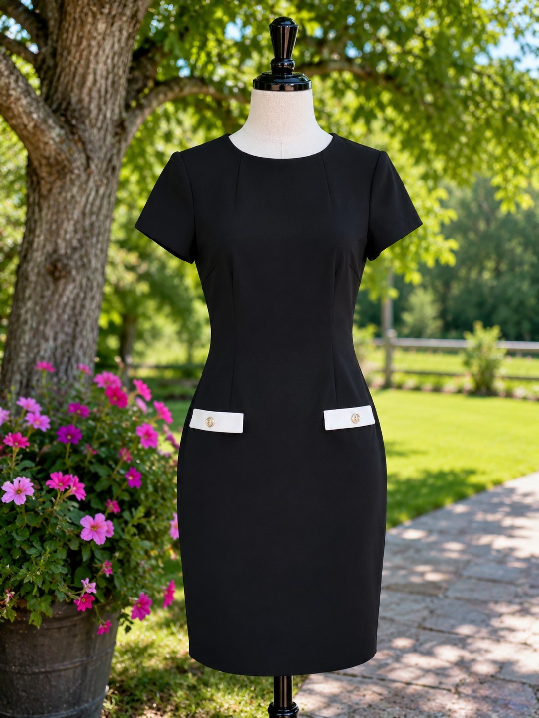 Tommy Hilfiger Scuba Crepe Black/Ivory Short Sleeve Dress Size 10