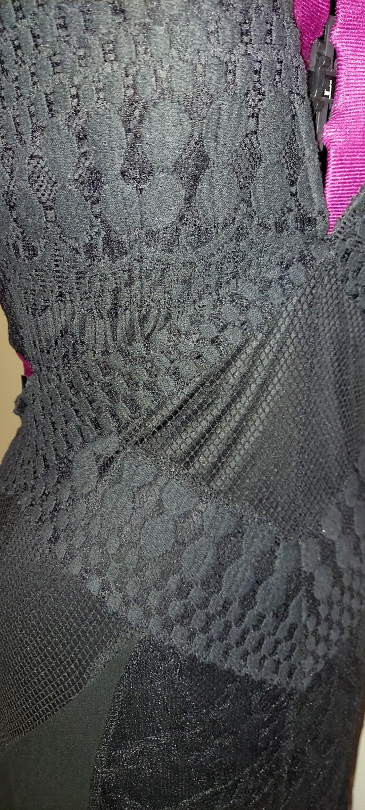 Black Multi-Design Mesh Lace Maxi Sheath Dress – Sz. M – Peek-a-Boo Back