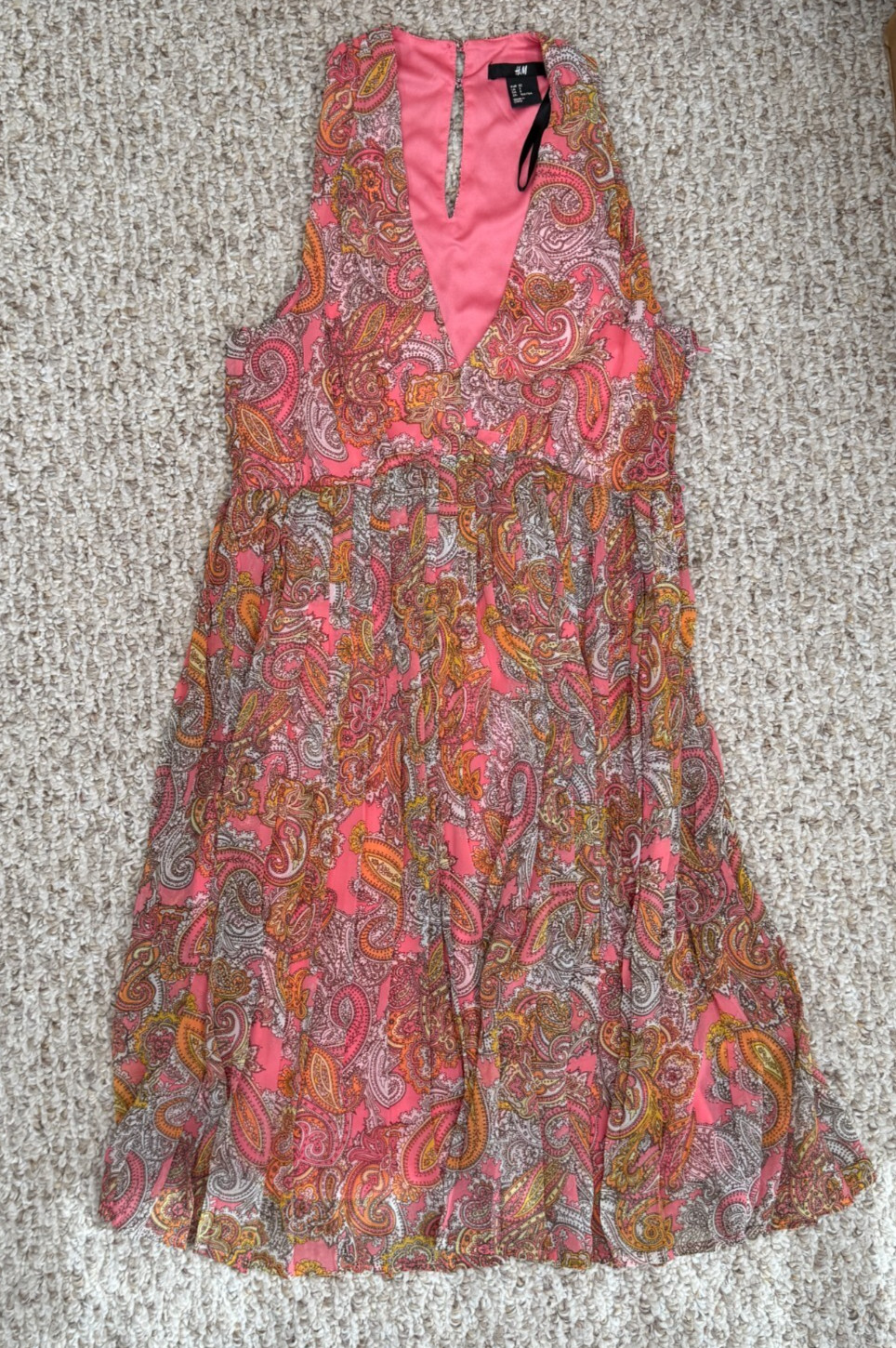 H&M Dress Pleated Deep V Neck Sleeveless Paisley Sz 2 Lined Button Zipper