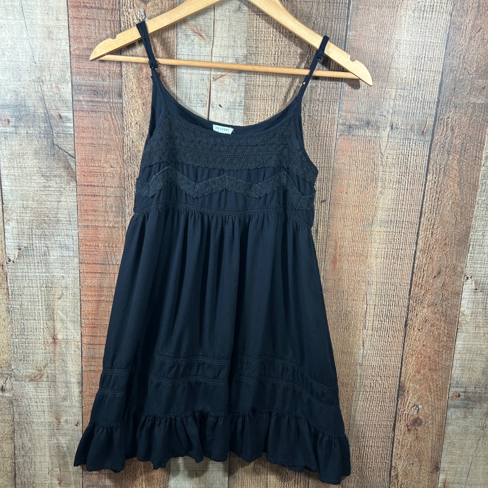 En Creme Black Crochet Lace Mini Dress Small Boho Fairycore Babydoll Summer