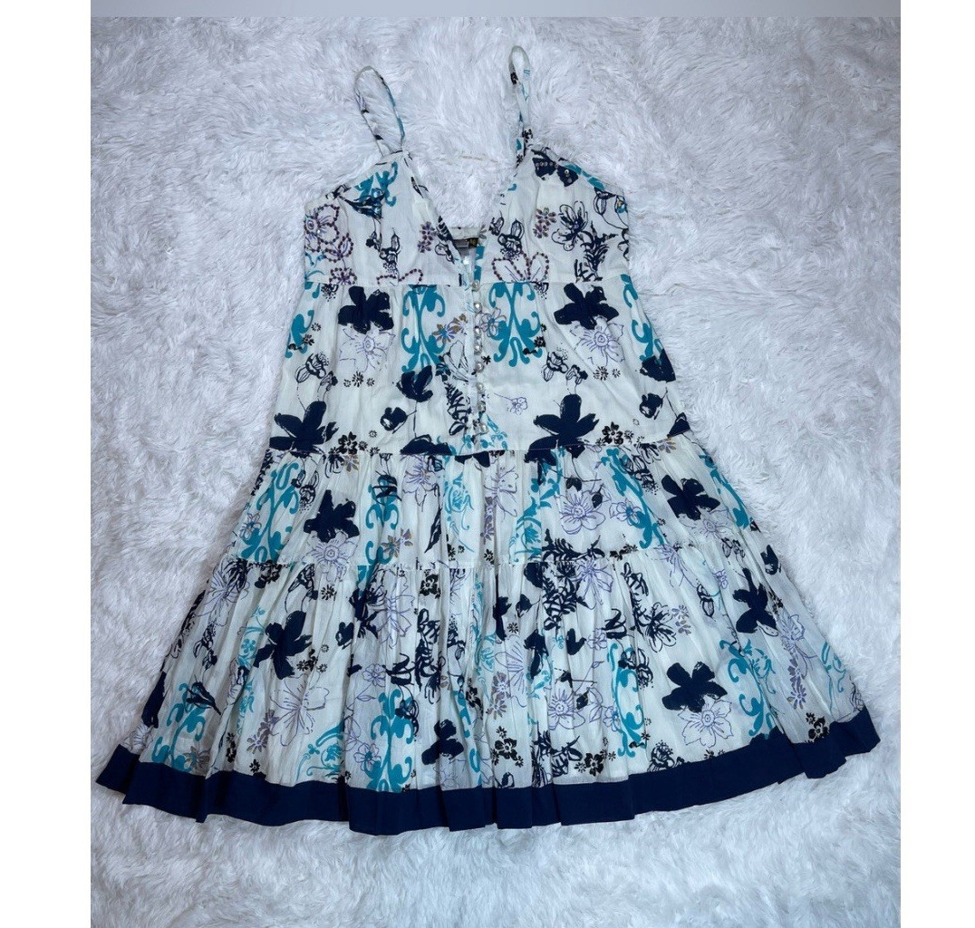 Chaudry KCWhite Blue Floral Fit & Flare V-Neck Knee Dress Cotton Size S NWT