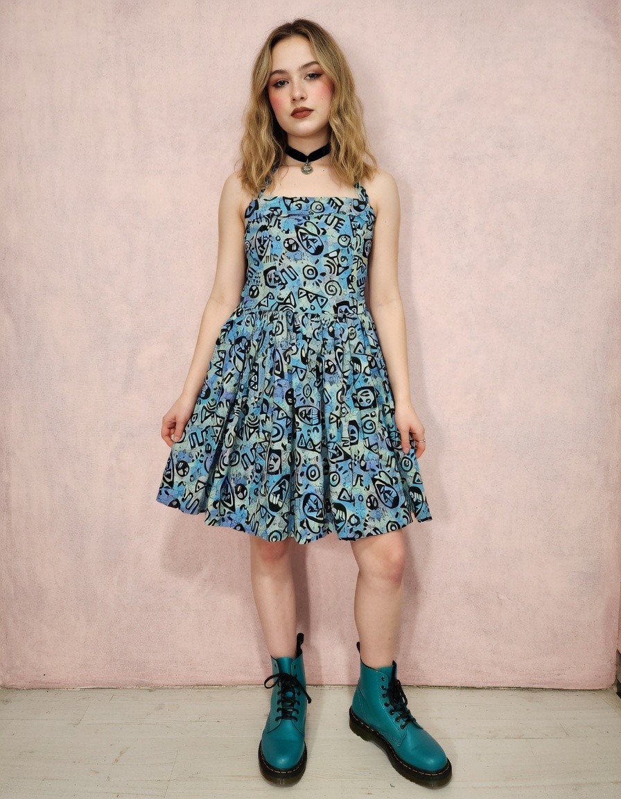 Vtg 90s Skater Dress 2 XS Grunge Fit & Flair Tribal Aztec Baby Doll Swing Teal