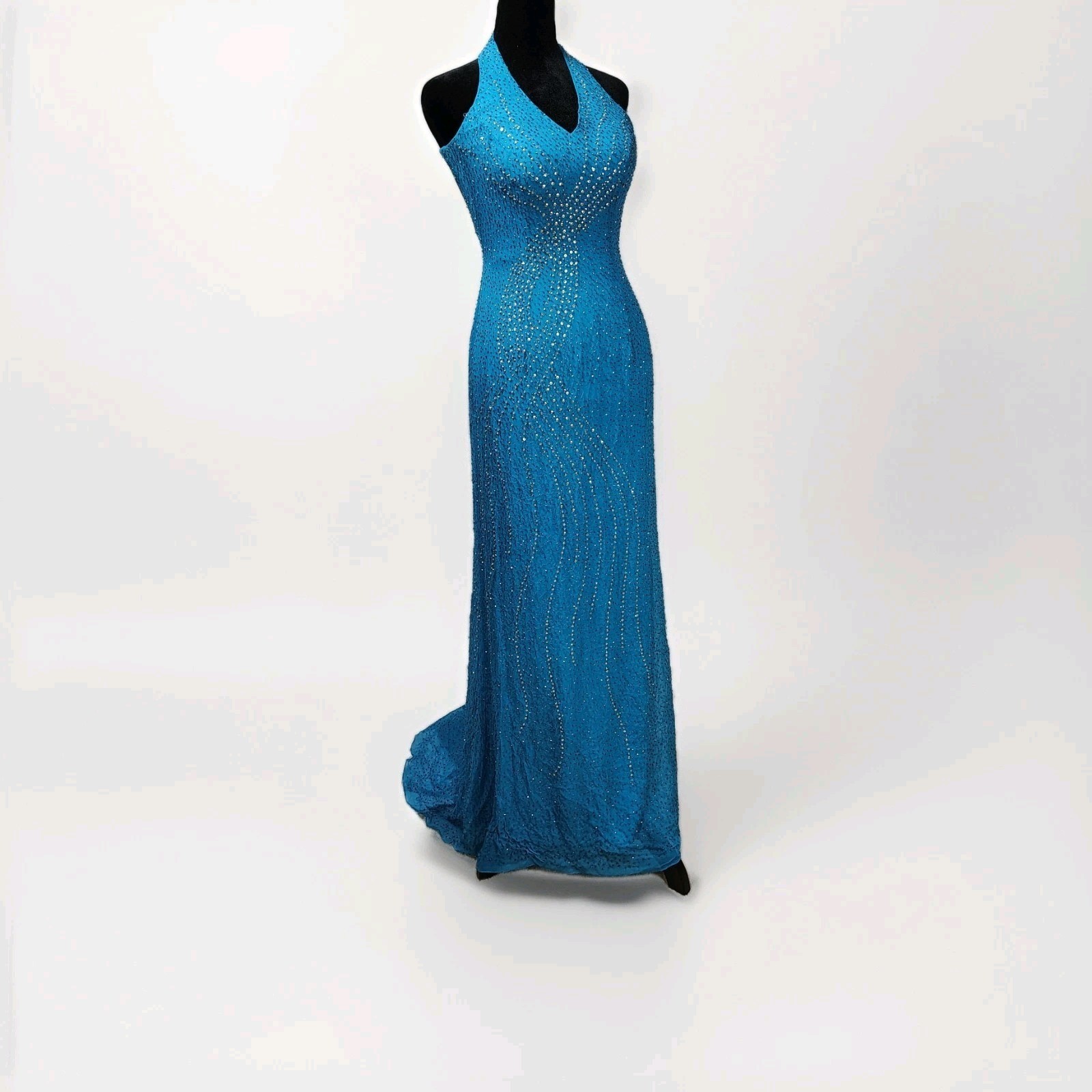 Tiffany Design Beaded Silk Prom Halter Dress Maxi Gown 4 Blue Fairy Glam