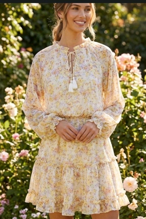 Karlie Chiffon Floral Mini Dress Medium Yellow Tassels Ruffled Skirt