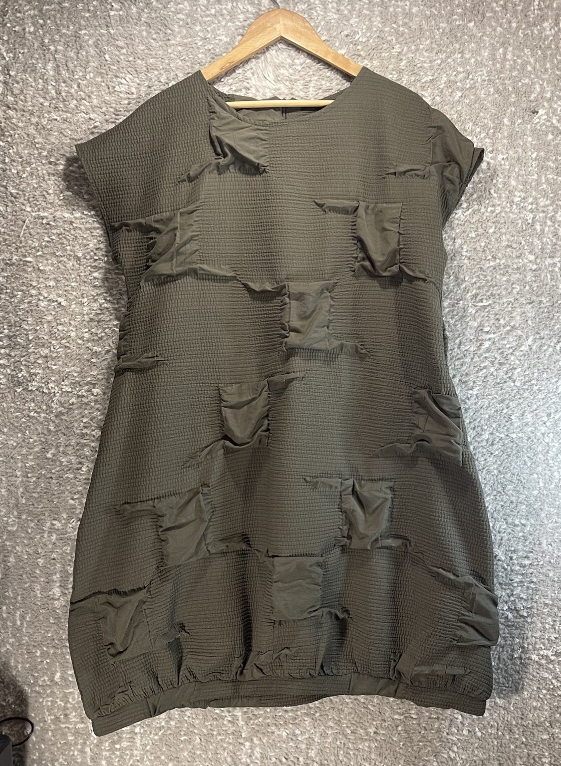Kozan Olive Green Textured Patchwork Tunic Dress Cap Sleeve S Lagenlook Boho