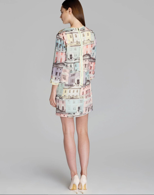 Ted Baker London Shift Dress sz 1 (US 4) Regency Houses Pastel Colors 3/4 Sleeve