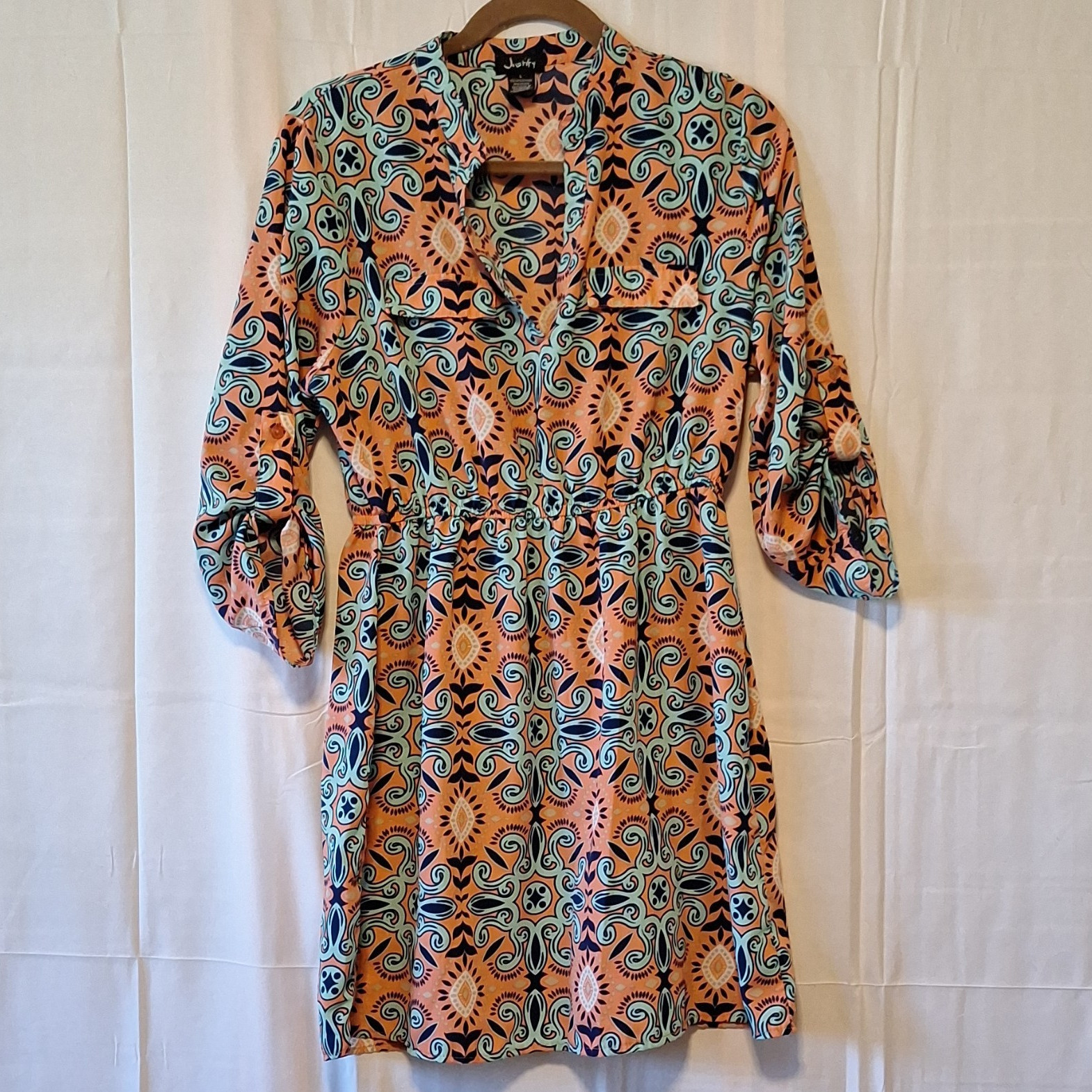 Sz L Justify Geometric Shirt Knee Dress V-Neck 3/4 Roll Tab Sleeve