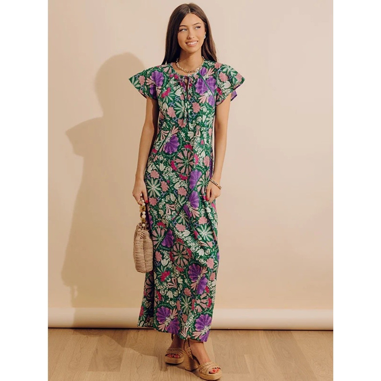 Olivaceous || Floral Maxi Dress Cotton Ladder Stitch Tie Green Purple M NWT