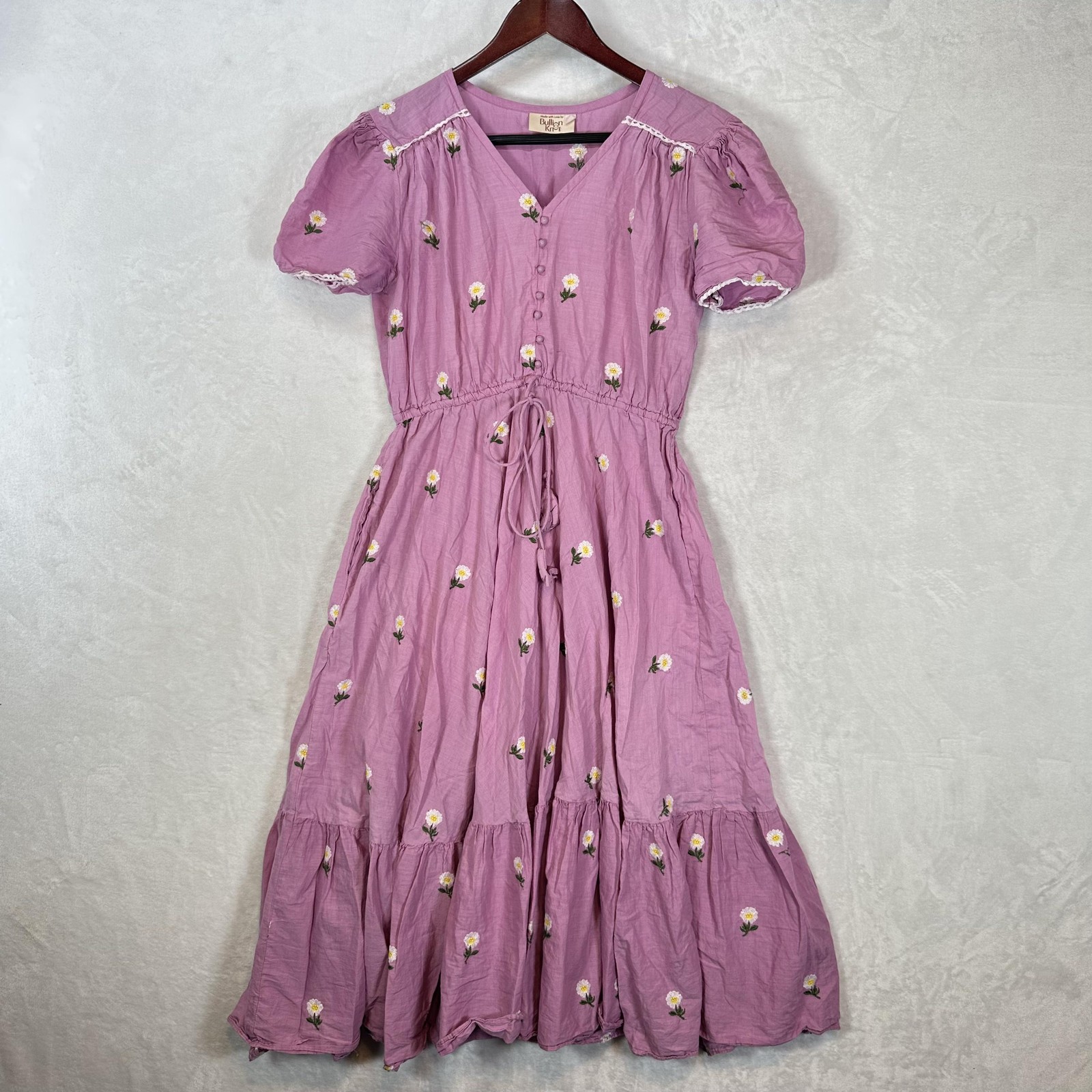 Bullion Knot Dress Womens L Purple Embroidered Floral Puff Sleeve Western Boho