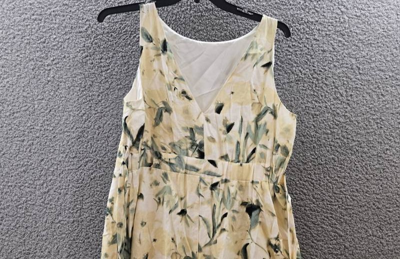 Anne Klein Linen Blend Floral-Print Tie-Waist Dress Women’s 12 White Dove Multi
